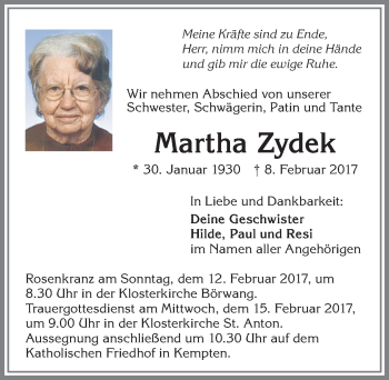 Traueranzeige von Martha Zydek von Allgäuer Zeitung,Kempten