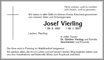 Traueranzeige von Josef Vierling von Allgäuer Zeitung,Kempten