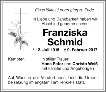 Traueranzeige von Franziska Schmid von Allgäuer Zeitung,Kempten