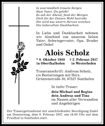 Traueranzeige von Alois Scholz von Allgäuer Anzeigeblatt