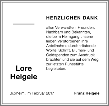 Traueranzeige von Lore Heigele von Memminger Zeitung
