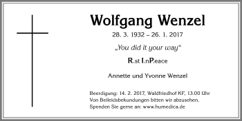 Traueranzeige von Wolfgang Wenzel von Allgäuer Zeitung, Kaufbeuren/Buchloe