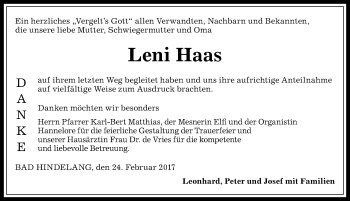 Traueranzeige von Leni Haas von Allgäuer Anzeigeblatt