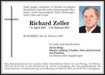 Traueranzeige von Richard Zeller von Allgäuer Anzeigeblatt