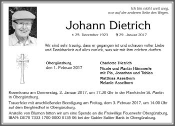 Traueranzeige von Johann Dietrich von Allgäuer Zeitung