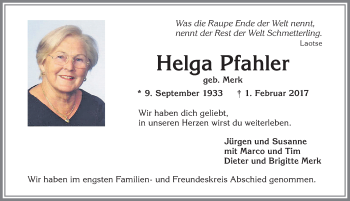 Traueranzeige von Helga Pfahler von Allgäuer Zeitung,Kempten