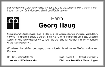 Traueranzeige von Georg Haug von Memminger Zeitung