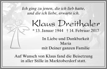 Traueranzeige von Klaus Dreithaler von Allgäuer Zeitung, Marktoberdorf