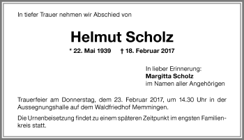 Traueranzeige von Helmut Scholz von Memminger Zeitung