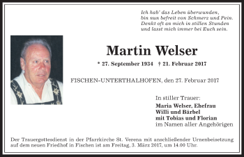 Traueranzeige von Martin Welser von Allgäuer Anzeigeblatt