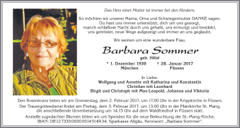 Traueranzeige von Barbara Sommer von Allgäuer Zeitung, Füssen