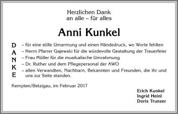Traueranzeige von Anni Kunkel von Allgäuer Zeitung,Kempten