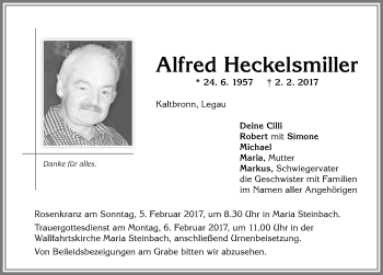 Traueranzeige von Alfred Heckelsmiller von Memminger Zeitung