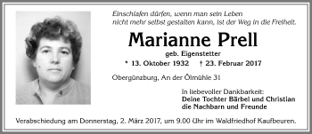 Traueranzeige von Marianne Prell von Allgäuer Zeitung, Marktoberdorf