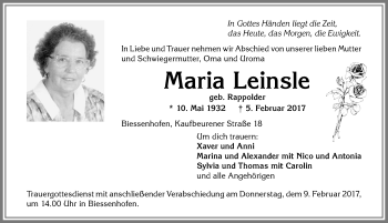 Traueranzeige von Maria Leinsle von Allgäuer Zeitung, Kaufbeuren/Buchloe
