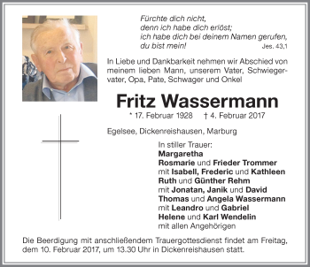 Traueranzeige von Fritz Wassermann von Memminger Zeitung