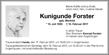 Traueranzeige von Kunigunde Forster von Memminger Zeitung