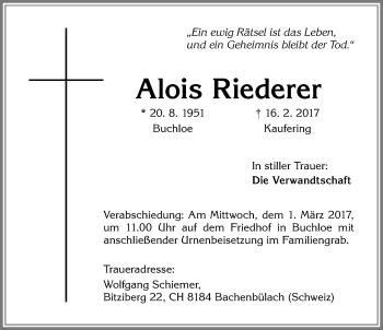 Traueranzeige von Alois Riederer von Allgäuer Zeitung, Kaufbeuren/Buchloe