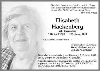 Traueranzeige von Elisabeth Hackenberg von Allgäuer Zeitung, Kaufbeuren/Buchloe