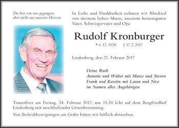 Traueranzeige von Rudolf Kronburger von Der Westallgäuer