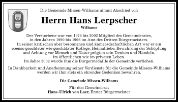 Traueranzeige von Hans Lerpscher von Allgäuer Anzeigeblatt