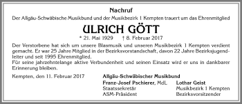 Traueranzeige von Ulrich Gött von Allgäuer Zeitung,Kempten