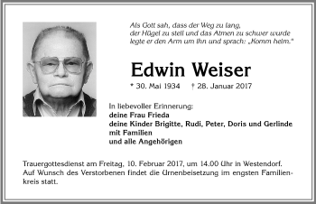 Traueranzeige von Edwin Weiser von Allgäuer Zeitung, Kaufbeuren/Buchloe