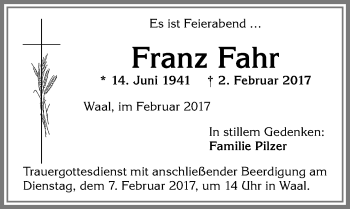 Traueranzeige von Franz Fahr von Allgäuer Zeitung, Kaufbeuren/Buchloe