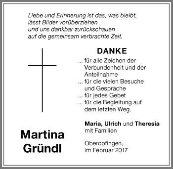 Traueranzeige von Martina Gründl von Memminger Zeitung