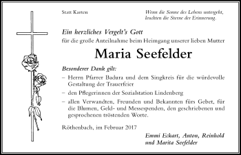 Traueranzeige von Maria Seefelder von Der Westallgäuer