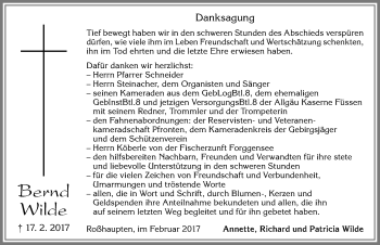 Traueranzeige von Bernd Wilde von Allgäuer Zeitung, Füssen