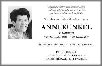 Traueranzeige von Anni Kunkel von Allgäuer Zeitung,Kempten
