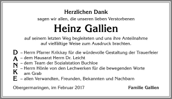 Traueranzeige von Heinz Gallien von Allgäuer Zeitung, Kaufbeuren/Buchloe