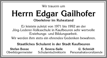 Traueranzeige von Edgar Gailhofer von Allgäuer Zeitung, Kaufbeuren/Buchloe