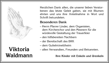 Traueranzeige von Viktoria Waldmann von Allgäuer Zeitung, Marktoberdorf