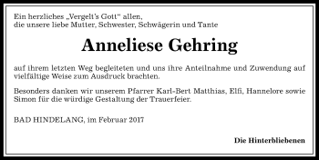 Traueranzeige von Anneliese Gehring von Allgäuer Anzeigeblatt