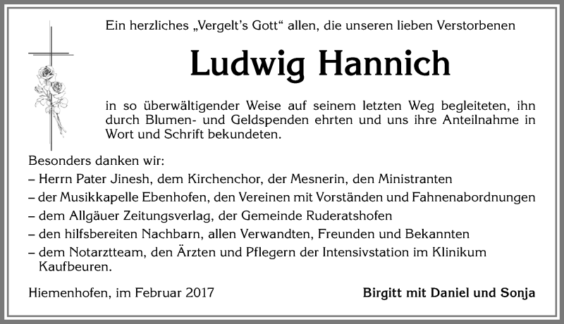  Traueranzeige für Ludwig Hannich vom 25.02.2017 aus Allgäuer Zeitung, Marktoberdorf