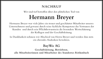 Traueranzeige von Hermann Breyer von Der Westallgäuer