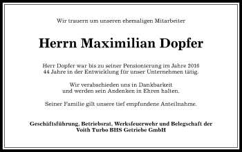 Traueranzeige von Maximilian Dopfer von Allgäuer Anzeigeblatt