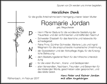 Traueranzeige von Rosmarie Jordan von Der Westallgäuer