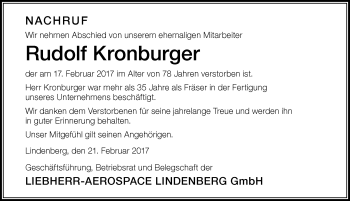 Traueranzeige von Rudolf Kronburger von Der Westallgäuer
