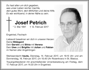 Traueranzeige von Josef Petrich von Memminger Zeitung
