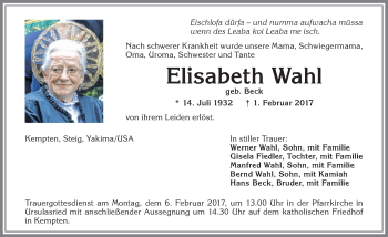 Traueranzeige von Elisabeth Wahl von Allgäuer Zeitung,Kempten