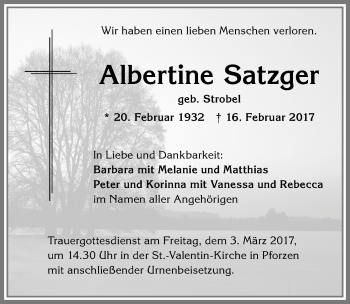 Traueranzeige von Albertine Satzger von Allgäuer Zeitung, Kaufbeuren/Buchloe