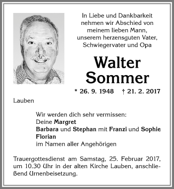 Traueranzeige von Walter Sommer von Allgäuer Zeitung,Kempten