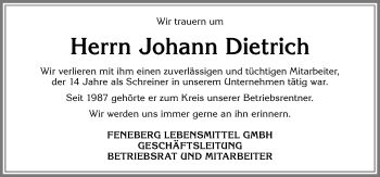 Traueranzeige von Johann Dietrich von Allgäuer Zeitung, Marktoberdorf