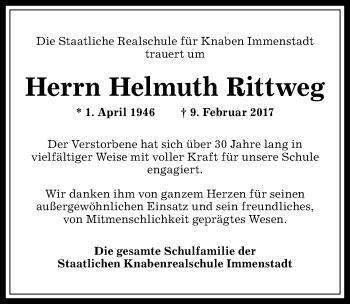Traueranzeige von Helmuth Rittweg von Allgäuer Anzeigeblatt
