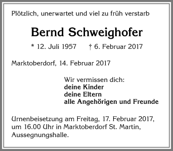 Traueranzeige von Bernd Schweighofer von Allgäuer Zeitung, Marktoberdorf