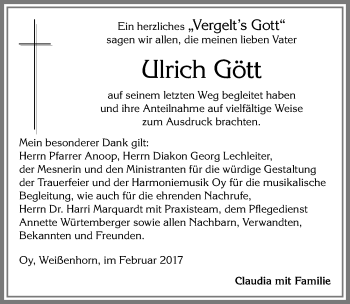 Traueranzeige von Ulrich Gött von Allgäuer Zeitung,Kempten