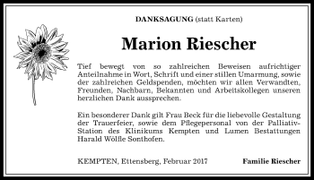 Traueranzeige von Marion Riescher von Allgäuer Zeitung